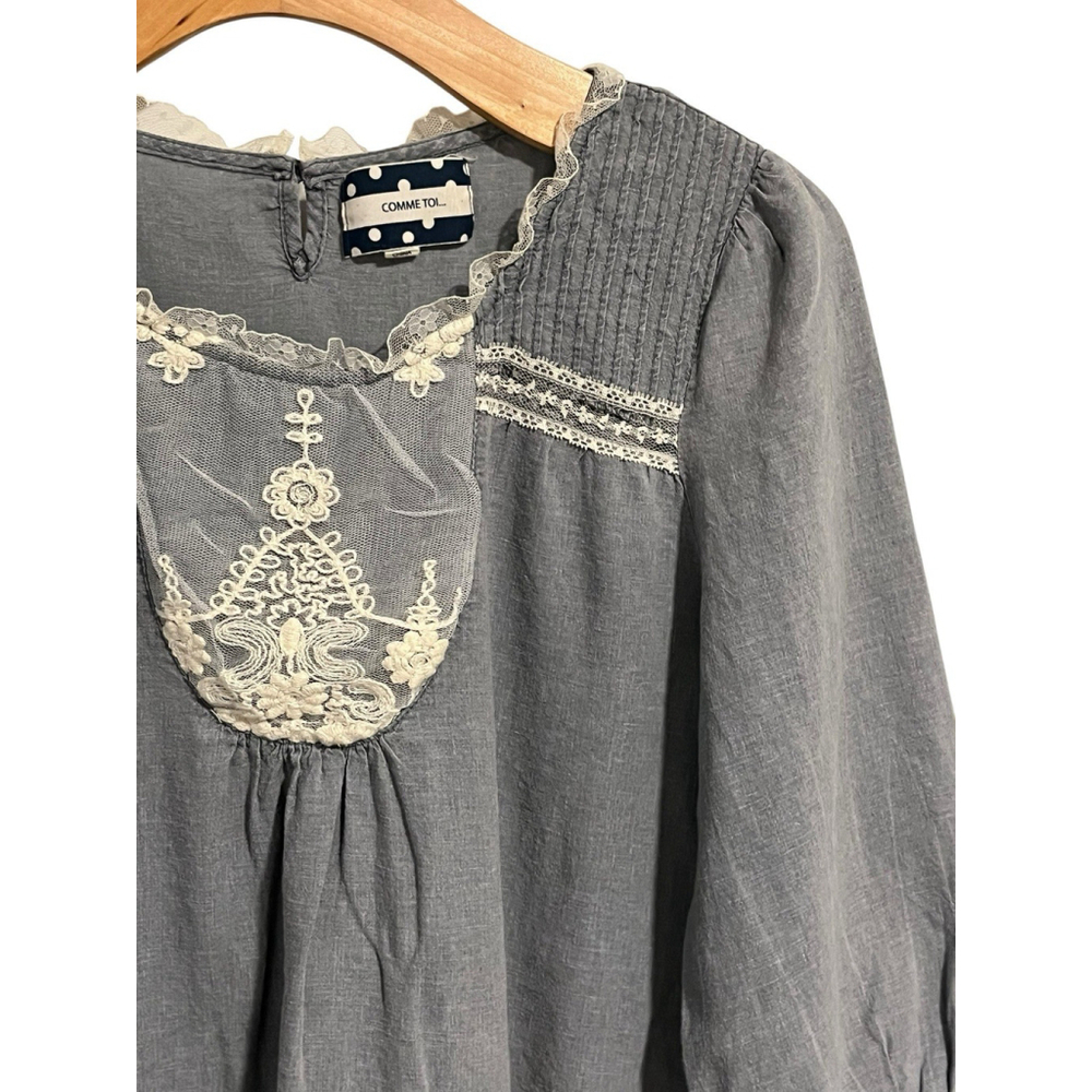 Comme Toi Anthropologie Peasant Blouse Large Blue Linen - Picture 3 of 8